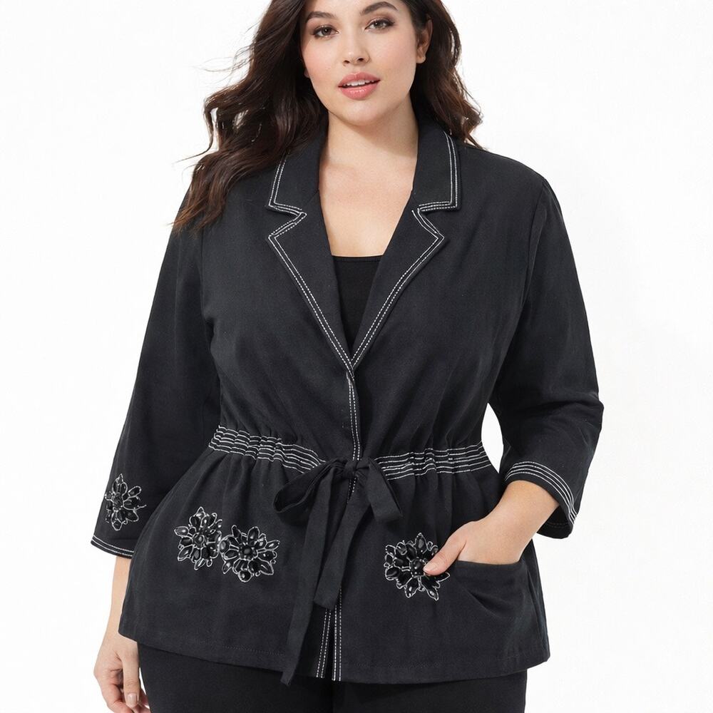 Vintage JM Collection Size 18W 100% Linen Blazer Jacket Black Rhinestone